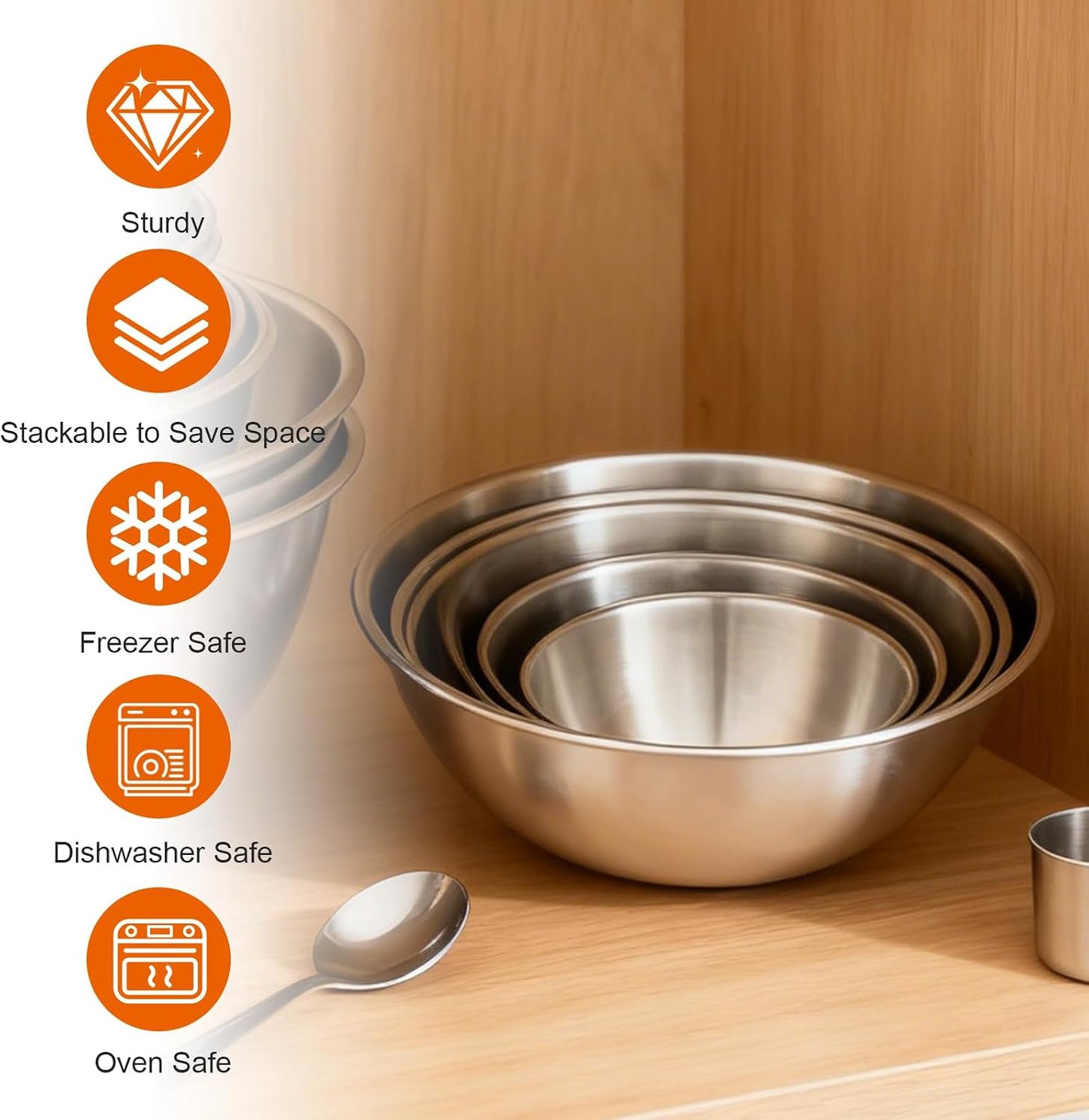 Stainless Steel Mixing Bowls Set of 5, Thicker Stainless Steel Flat Bottom Nesting Metal Mixing Bowls for Cooking, Baking, Serving, Food and Salad Prep, Dishwasher Safe