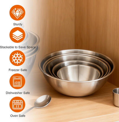 Stainless Steel Mixing Bowls Set of 5, Thicker Stainless Steel Flat Bottom Nesting Metal Mixing Bowls for Cooking, Baking, Serving, Food and Salad Prep, Dishwasher Safe