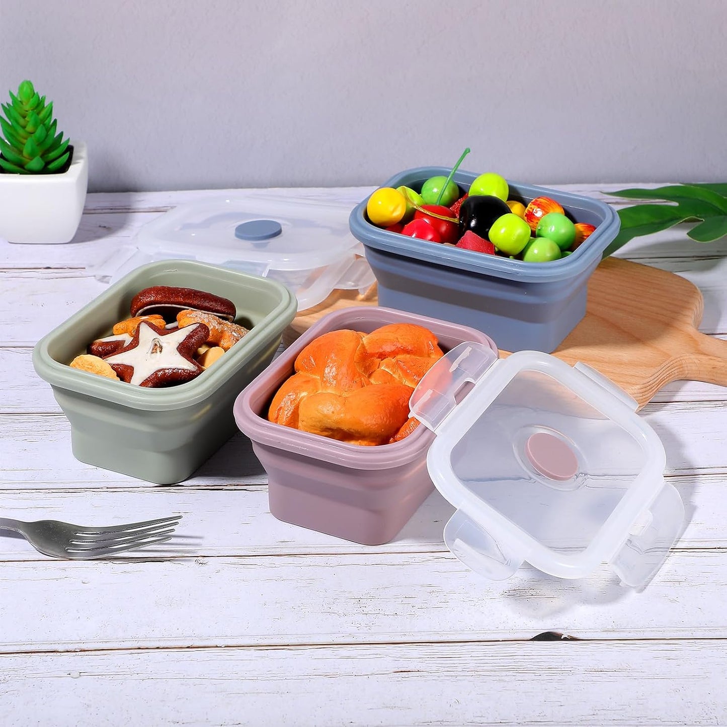 6 Pcs Silicone Food Containers 11.8 oz Collapsible Storage Containers with Airtight Lids Stacking Meal Prep Lunch Leftover Food fruits Storage Foldable Box for Freezer Microwave Dishwasher Safe