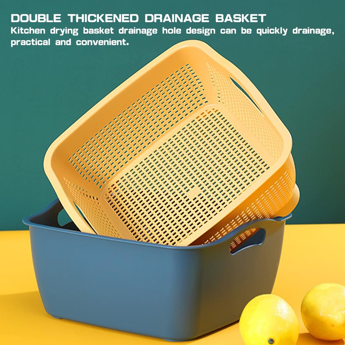 Double-layer Draining Basket Plastic Fruits & Vegetable Washing Basket for Kitchen (Blue)