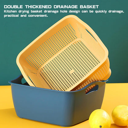 Double-layer Draining Basket Plastic Fruits & Vegetable Washing Basket for Kitchen (Blue)
