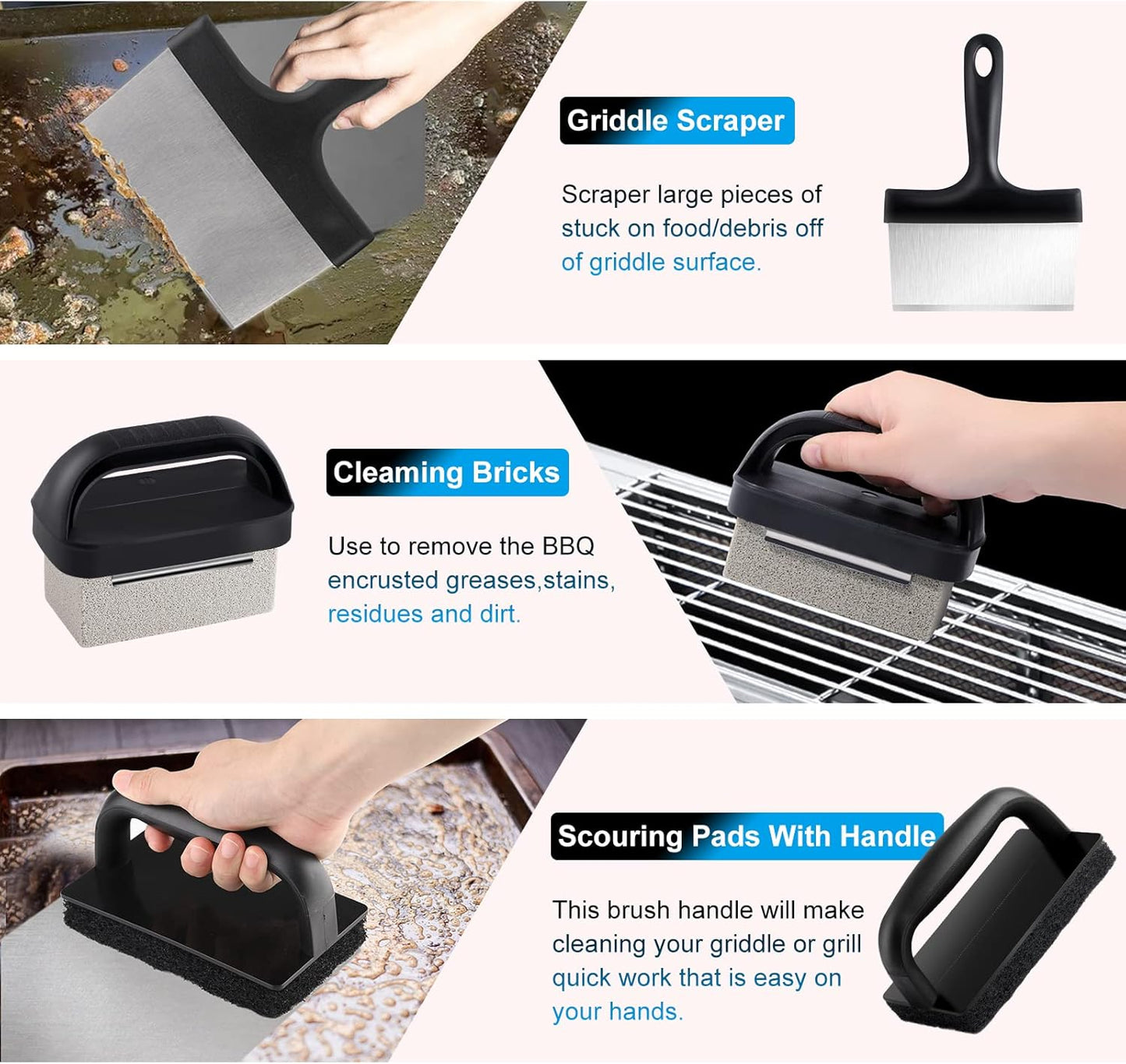 Blackstone Griddle Cleaning kit 16 Pcs, Heavy Duty Grill Cleaning Stone Bricks with Handle,Griddle Scrubber Scouring Pads with Handle and 6" Grill Scraper,Griddle Cleaner Brush Set for Flat Top
