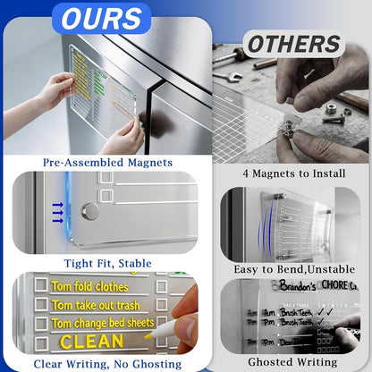 PigPotParty Acrylic Magnetic Chore Chart for Adults, 12x9.5 Inch Clear Dry Erase Chore Board for Fridge, Daily Weekly and Notes Sections, Pre-Installed Embedded Magnets, 8 Fine-tip Markers and Towel