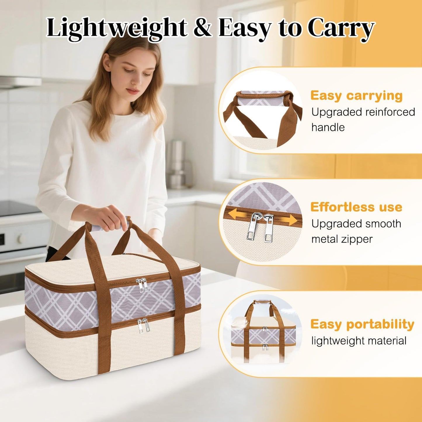 Coobiiya Insulated Casserole Carrier,Lasagna Lugger Tote Keeps Food Hot or Cold,Thermal Lunch Bag Warmer & Cooler Carrier Bag,Portable Tote Bag Fits 9" x 13" Baking Dish for Picnic and Cookout