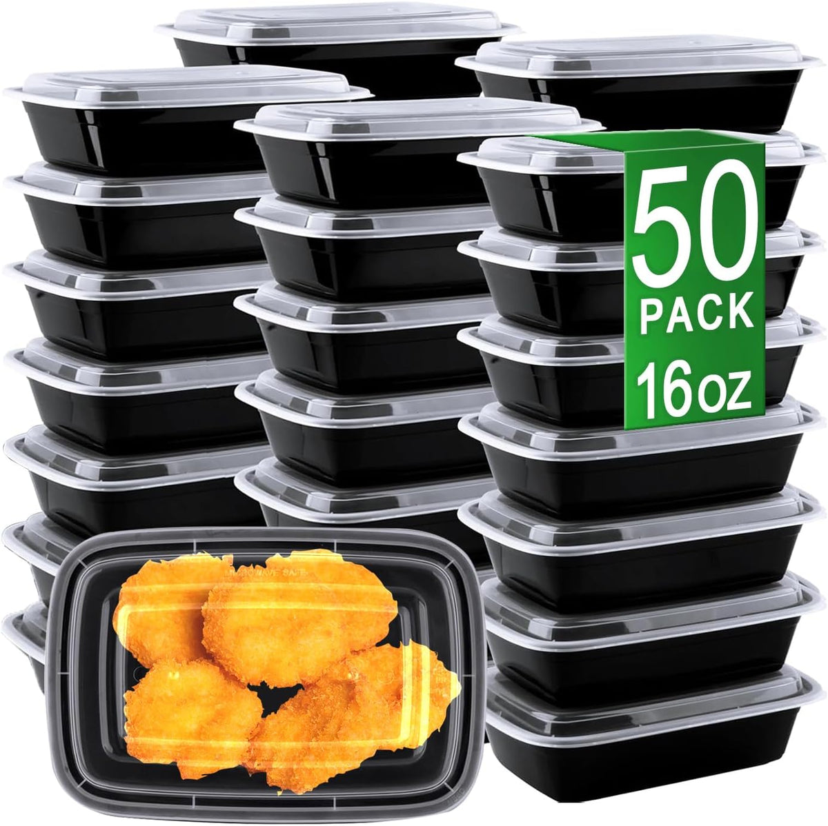 Meal Prep Containers, 50 Pack 58oz (100-Piece) Disposable Take Out Food Storage Containers with Leakproof Lids, Large Plastic To Go Lunch Boxes, BPA Free, Microwave/Dishwasher/Freezer Safe