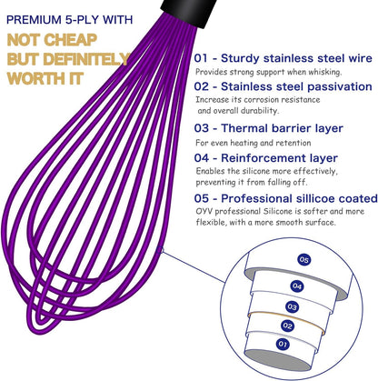 OYV Dishwasher Safe Silicone Whisk, Sealed Waterproof Design Set of 3, Professional Kitchen Whisks for Cooking Non-Scratch, Silicone & Stainless Steel Whisk, Heat Resistant Balloon Egg Beater, Black