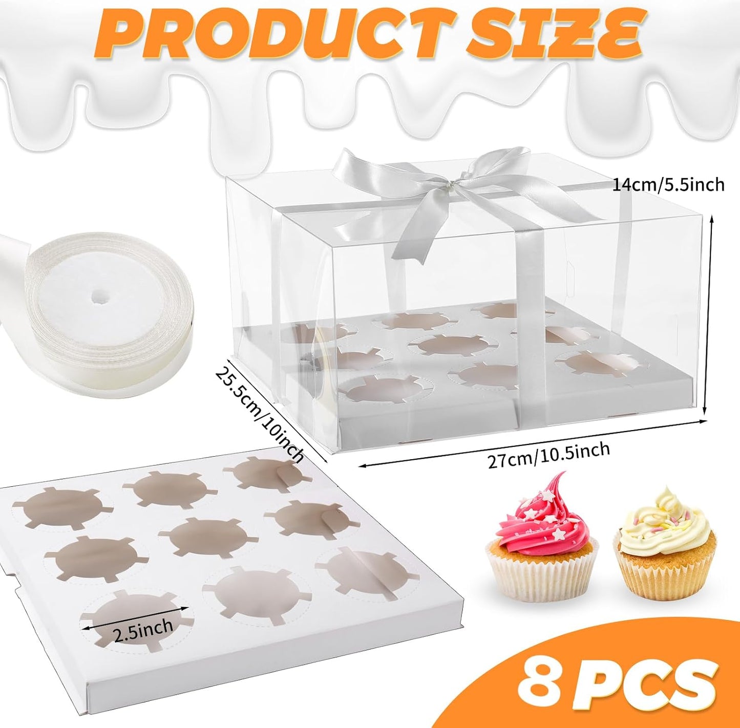 JCD 4 Pack Clear Cupcake Boxes, Plastic Cupcake Containers with Gift Ribbon, 5.5inches height Holder 6 Count Cup Cake Boxes for Parties, Baking, Wedding, Transport (6count/4pcs)