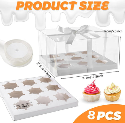 JCD 4 Pack Clear Cupcake Boxes, Plastic Cupcake Containers with Gift Ribbon, 5.5inches height Holder 6 Count Cup Cake Boxes for Parties, Baking, Wedding, Transport (6count/4pcs)