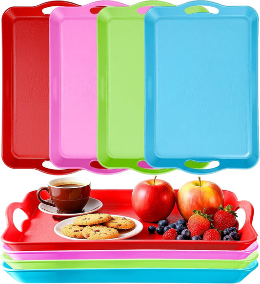 Thyle 4 Pcs Serving Trays with Handles - 16.4 x 11 Inch Large Rectangular Non-Slip Multi-Purpose Plastic Ottoman Tray Platters Decorative for Holiday Party Kitchen Dining Table (Bright Color)