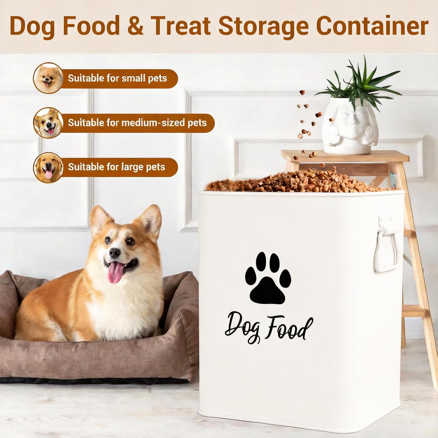 Dog Food Container 13lb, Cute Airtight Pet Food Storage Containers with Metal Lid Scoop, Black Metal Storage Bin for Dog/Cat with Wheels,Easy to Move