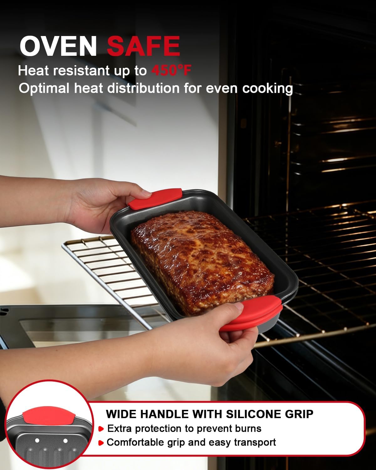 Meatloaf Pan with Drain Tray, 2 Piece Set Meat Loaf Pan with Silicone Grip and Spatula & Basting Brush, Carbon Steel with Nonstick Coating, Oven Safe to 450°F, Versatile for Bread, Roasts, Cakes