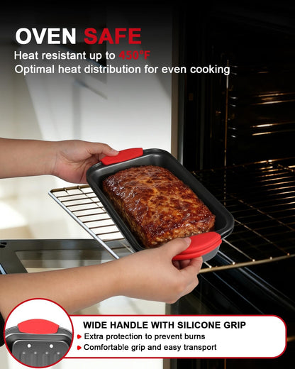 Meatloaf Pan with Drain Tray, 2 Piece Set Meat Loaf Pan with Silicone Grip and Spatula & Basting Brush, Carbon Steel with Nonstick Coating, Oven Safe to 450°F, Versatile for Bread, Roasts, Cakes