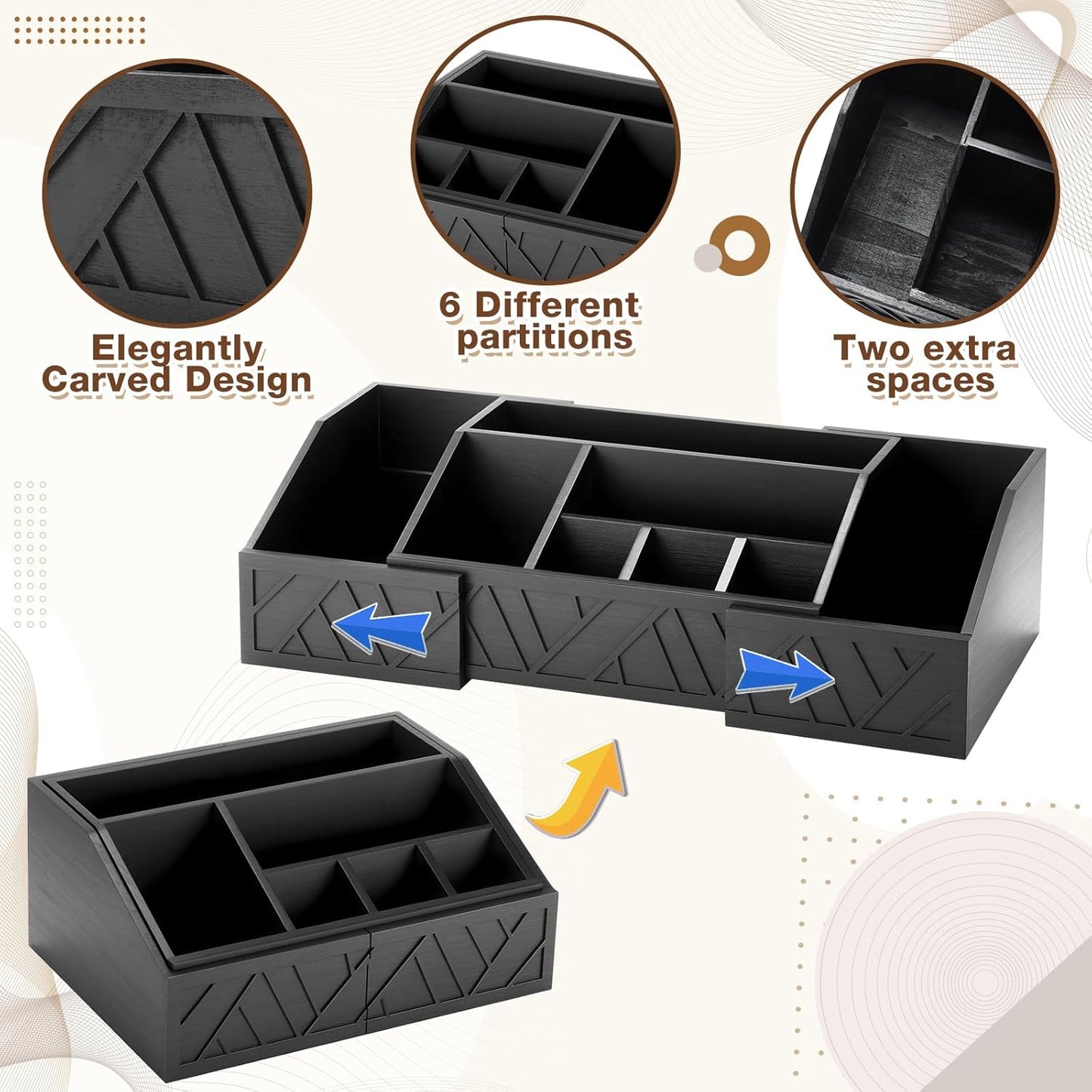 Paper Plate Dispenser Extendable, Paper Plate Holder for Kitchen Counter Wood Silverware Utensil Caddy Cutlery Flatware Organizer Box for Cups Spoons Forks Kitchen Accessories(Black)