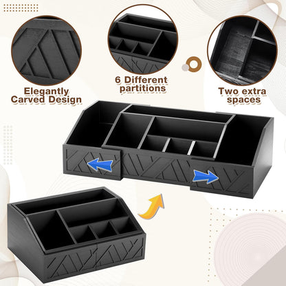 Paper Plate Dispenser Extendable, Paper Plate Holder for Kitchen Counter Wood Silverware Utensil Caddy Cutlery Flatware Organizer Box for Cups Spoons Forks Kitchen Accessories(Black)