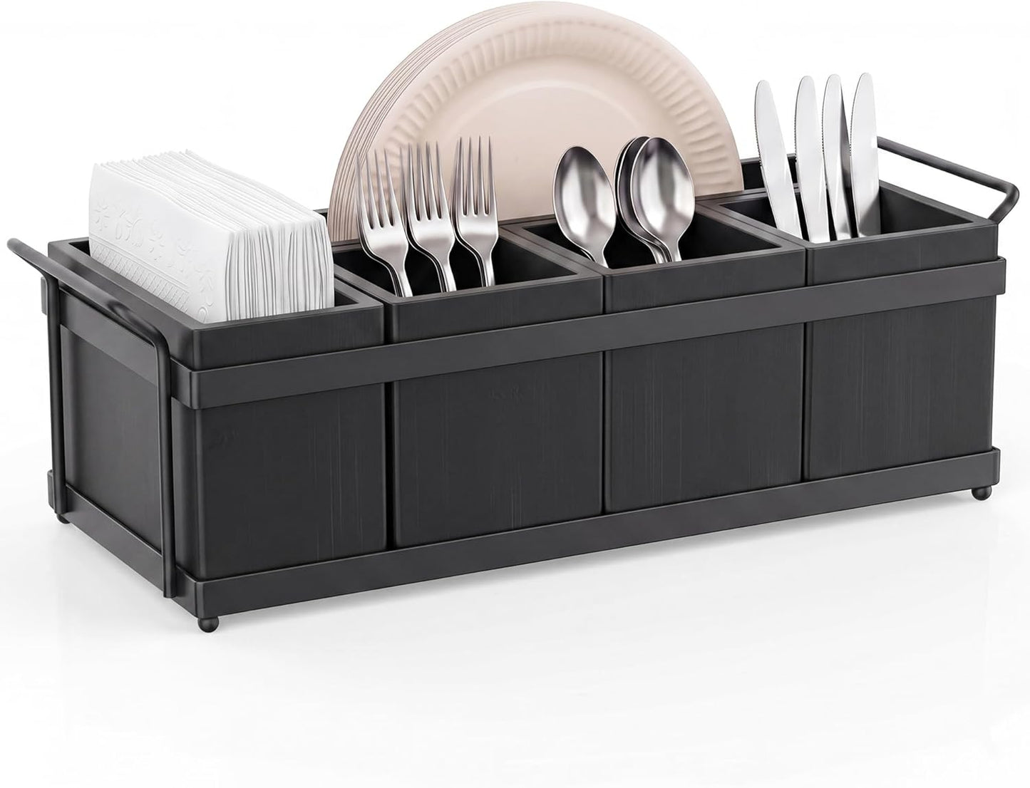 Silverware Caddy for Party, Wood Utensil Caddy with 4 Removable Compartments for Kitchen Countertop Organizing Paper Plate, Fork, Spoon, Napkin