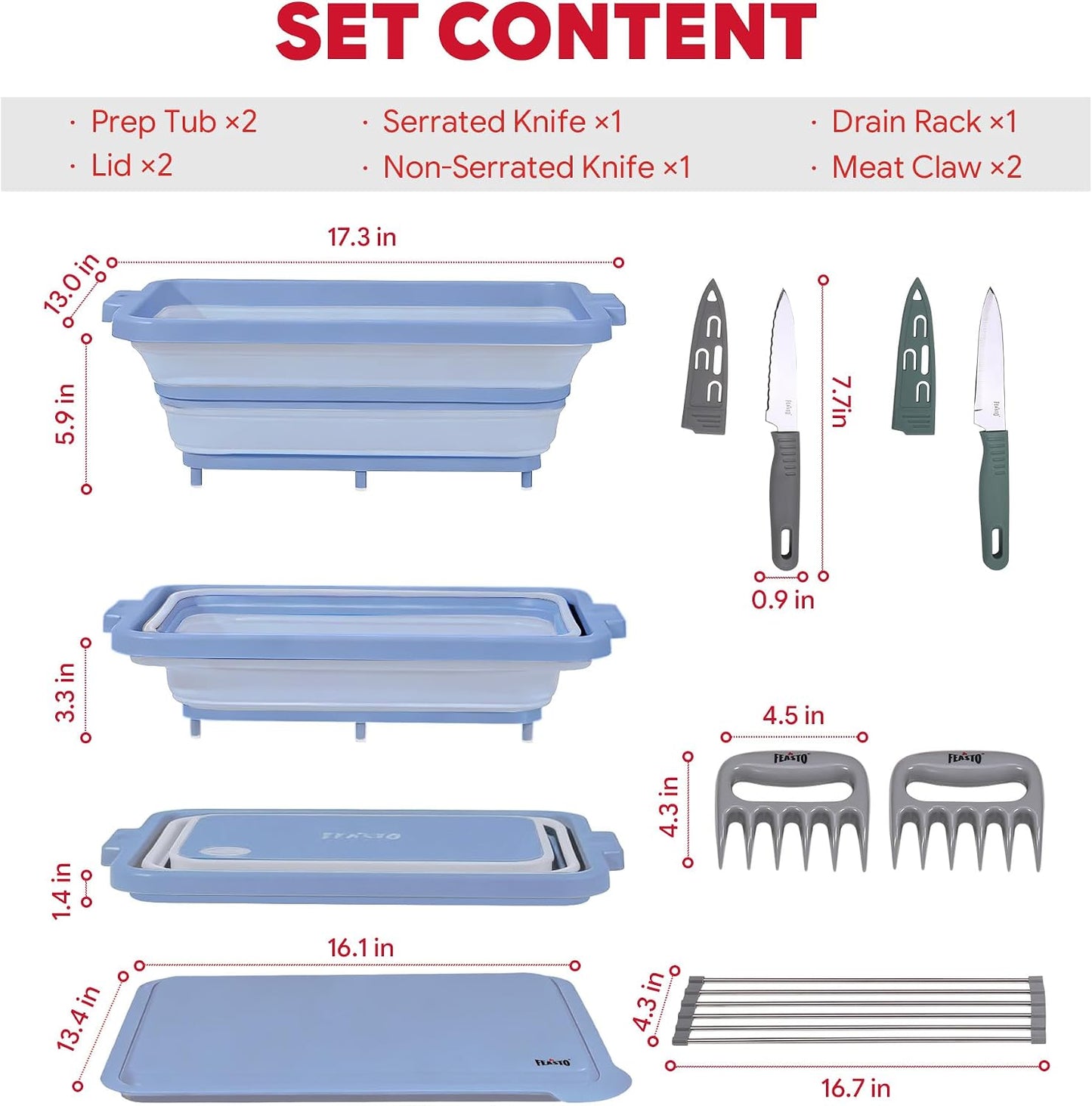 Feasto Collapsible BBQ Prep Tubs with Cutting Board, 9-IN-1, 2 Tubs Portable Grill Prep Station with Side Brackets, Lids, Knives, Meat Claws and Drain Rack, Space-Saving for Kitchen & Camping, Black