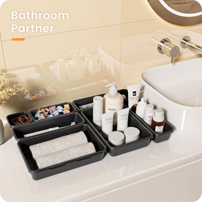 A-LuGei 【Military Grade】 Drawer Organizer,【𝟱𝗦𝗶𝘇𝗲】 Makeup organizer,【Holds 177 Items】 Bathroom Organizers and Storage,Organization and Storage,Desk Drawer Organizer for Vanity【Clear】