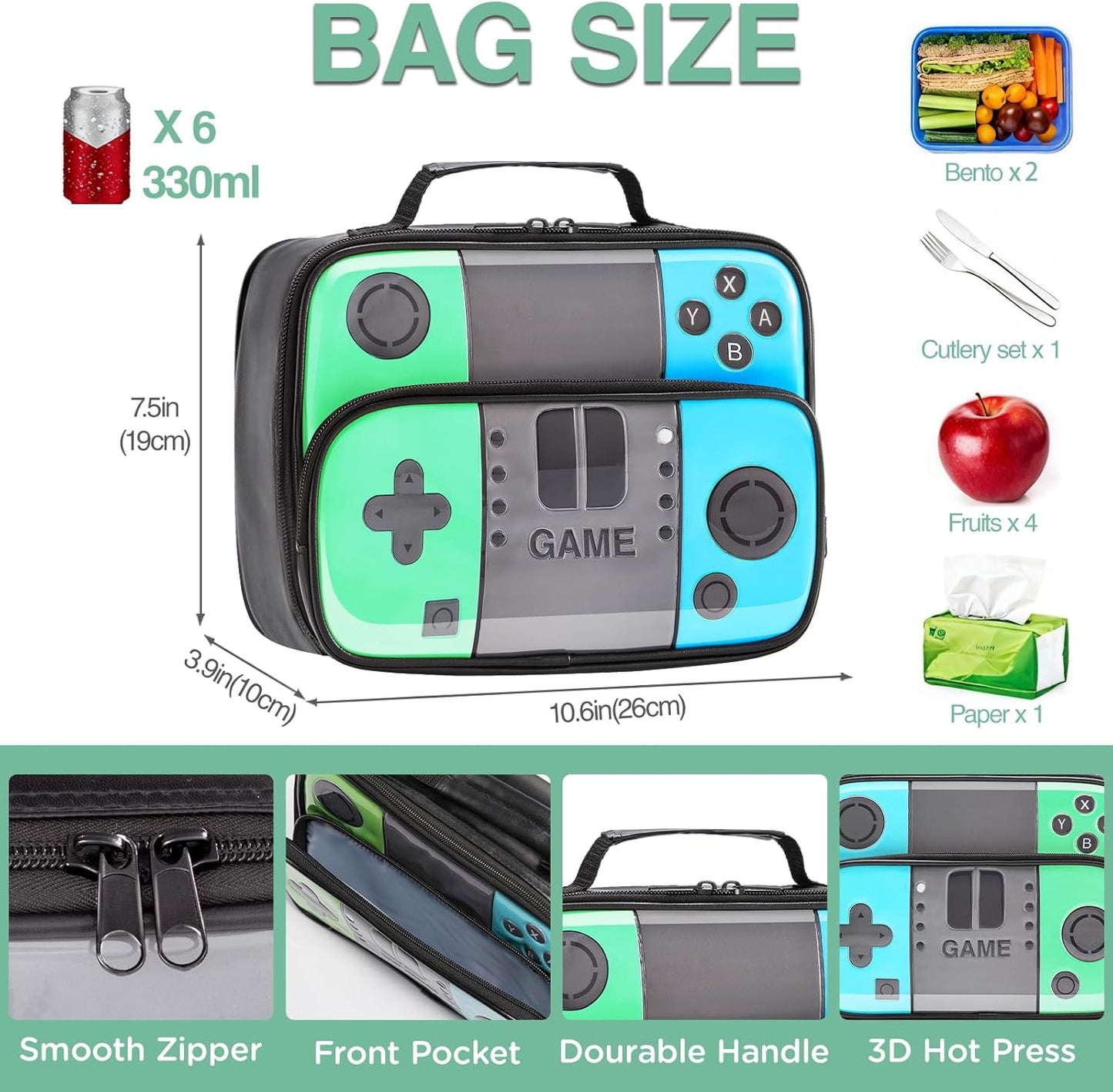 Kids Gamer Lunch Box for Boys, Game Console Insulated Lunch Bag, PU Leather Waterproof Lunchbox with Mesh Pocket, Durable Leakproof Lunch Tote Fits Bento Box for School