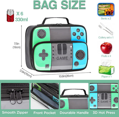 Kids Gamer Lunch Box for Boys, Game Console Insulated Lunch Bag, PU Leather Waterproof Lunchbox with Mesh Pocket, Durable Leakproof Lunch Tote Fits Bento Box for School