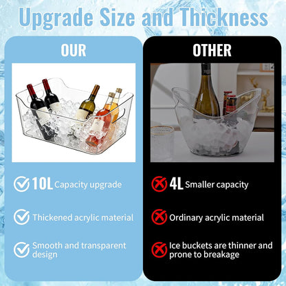 2 Sets Ice Buckets for Parties, 10L Large Beverage Tub with Scoops, Thickened Plastic Clear Champagne Bucket for Beverage, Wine, Beer, Mimosa Bar Supplies