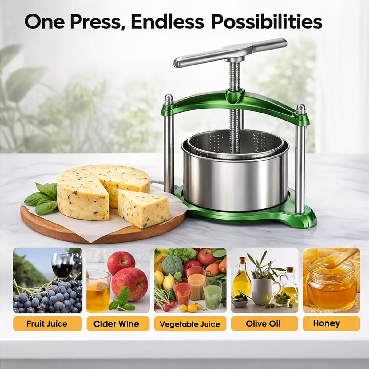 Manual Cheese Press, 0.8 Gallon Heavy Duty Food Press for Cheese, Tofu & Vegetable Dehydration – Stainless Steel Basket Herb & Tincture Press with Filter Bags, Not for Hard Fruits