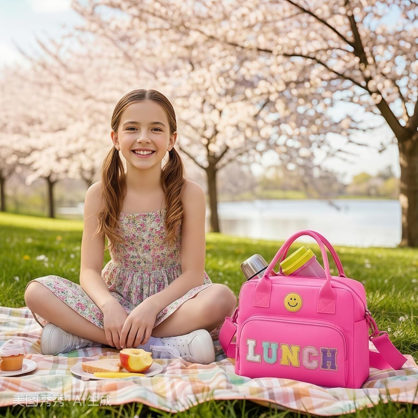RLGPBON Insulated Lunch Bag Teen Girls, Preppy Lunch Box Large Insulated Lunch Bag Reusable Lunch Tote Bag, Preppy LunchBag for Girls School Travel Picnic