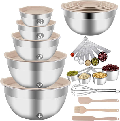 WEPSEN Mixing Bowls Set, 25PCS Stainless Steel Mixing Bowl with Lid Set, Large Nesting Bowls 7, 4.5, 3,2, 1.5QT, Measuring Cups and Spoons Baking Utensils Metal Bowl for Kitchen Prep