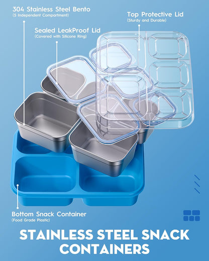 BiuLeon Snackle Box Containers, Stainless Steel 5 Compartments Divided Serving Tray with Lid, Removable LeakProof Portable Bento Box for Fruit Candy Nuts Food - School, Picnic and Travel（Blue）