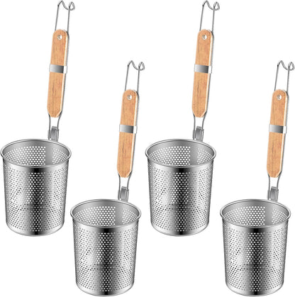 Tessco 4 Pcs Pasta Strainer, 4.7" x 5.2'' Stainless Steel Pasta Basket Mesh Cooker with Wood Handle, Spider Strainer Kitchen Skimmer for Food Dumpling Noodle Blanching(Dark Color)