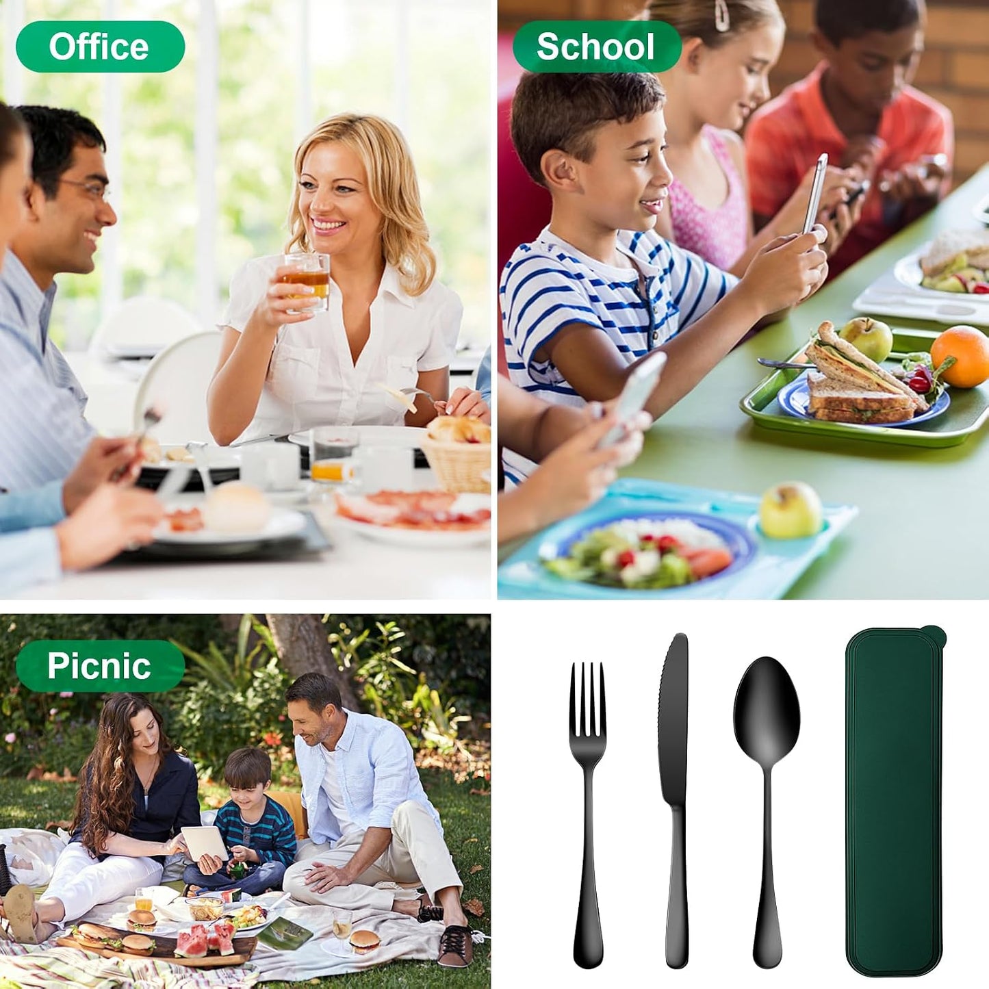 Portable Travel Utensils Set, 18/8 Stainless Steel 3 PCS Cutlery Set Including Knife Fork and Spoon, Reusable Travel Silverware Set with Case for Lunch Box Camping School Office