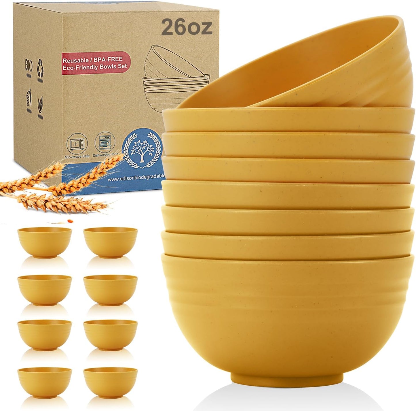Wheat Straw Bowl Sets,8 PCS Unbreakable Cereal Bowl 26 OZ,Microwave and Dishwasher Safe Bowls,Bowl Sets for Camping and Picnic BPA Free Colorful Salad Bowls for Serving Soup,Oatmeal and Fruit Etc…