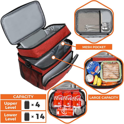 opux Insulated Lunch Bag for Men Women, Large Dual Compartment Cooler Bag, Soft Two Deck Lunch Box for Work School Picnic, Leakproof Lunch Tote with Shoulder Strap for Kid Adult (Purple, Double Deck)