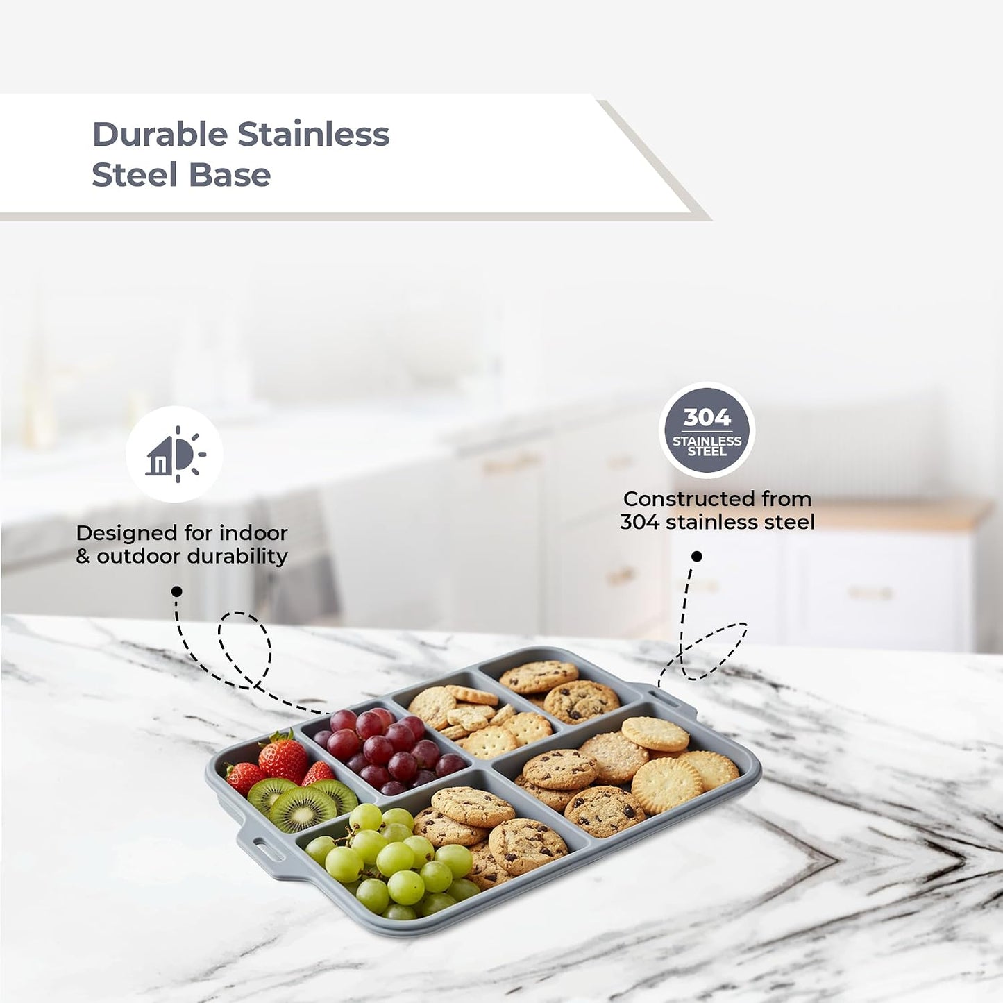 Multi-Purpose Serving and Entertaining Tray with Foldable Silicone Lid and Divided Plates, Stainless Steel Serving Set for Kitchen, Camping, BBQ and Outdoor Events