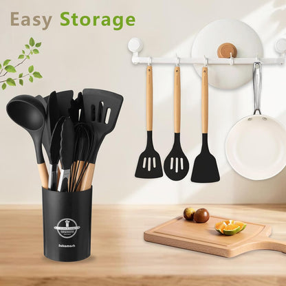 SAKAMOSH Silicone Cooking Utensils Set with Holder, 12 Pcs Heat Resistant Kitchen Utensils Set with Wooden Handle, BPA-free Spatula, Tongs, Spoons Set for Nonstick Cookware, Black