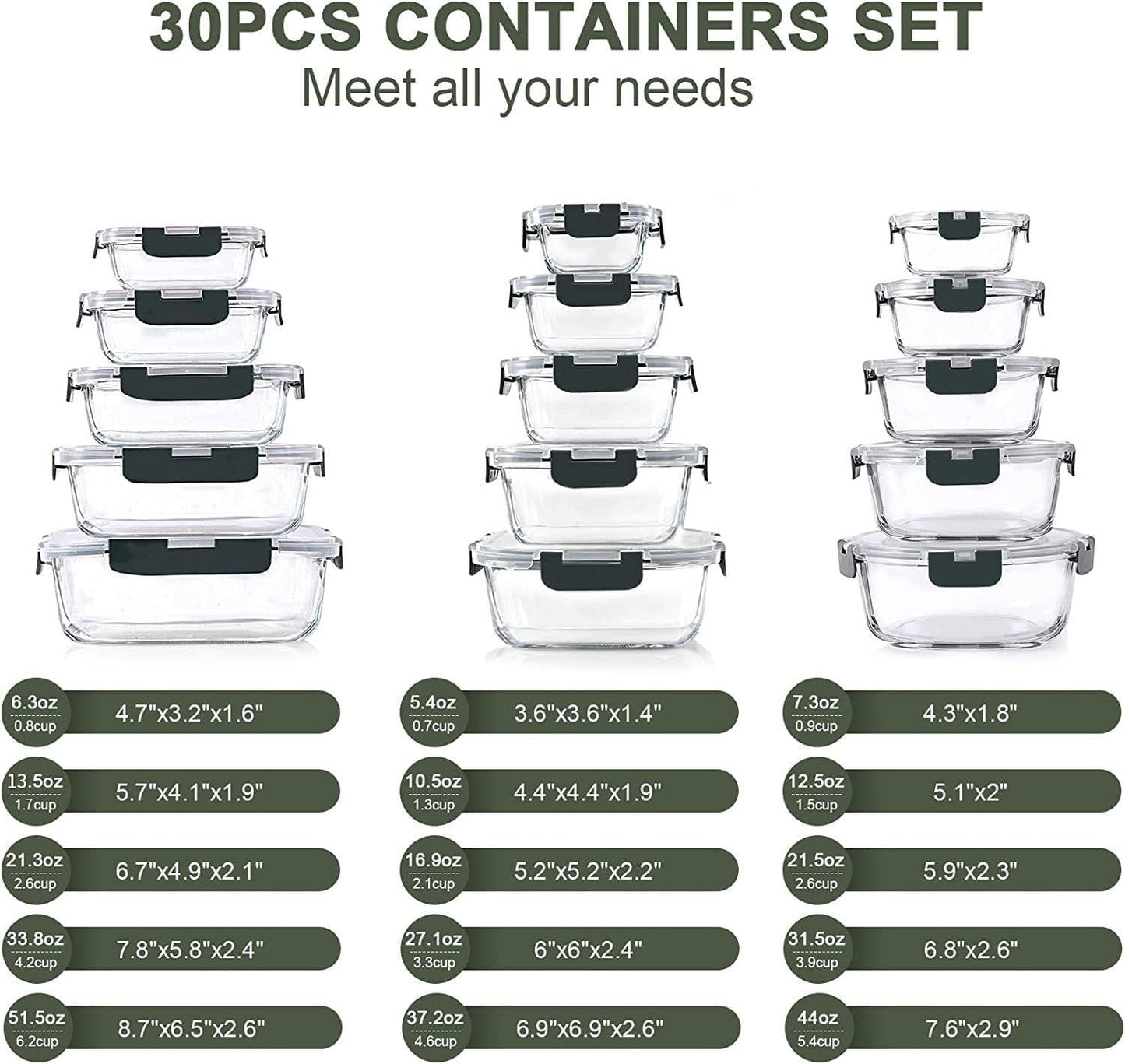 KOMUEE 30 Pieces Glass Food Storage Containers Set and 10 Packs 30 oz Glass Meal Prep Containers with Lids, Airtight and BPA-Free