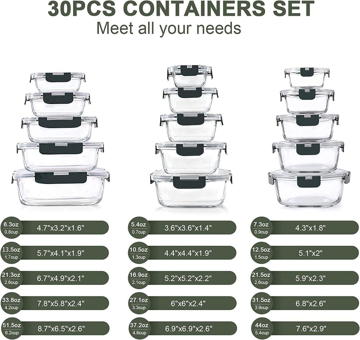 KOMUEE 30 Pieces Glass Food Storage Containers Set and 10 Packs 30 oz Glass Meal Prep Containers with Lids, Airtight and BPA-Free