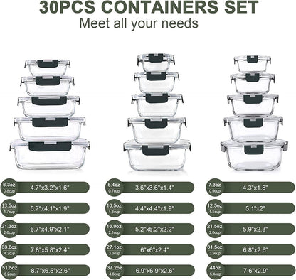 KOMUEE 30 Pieces Glass Food Storage Containers Set and 10 Packs 30 oz Glass Meal Prep Containers with Lids, Airtight and BPA-Free