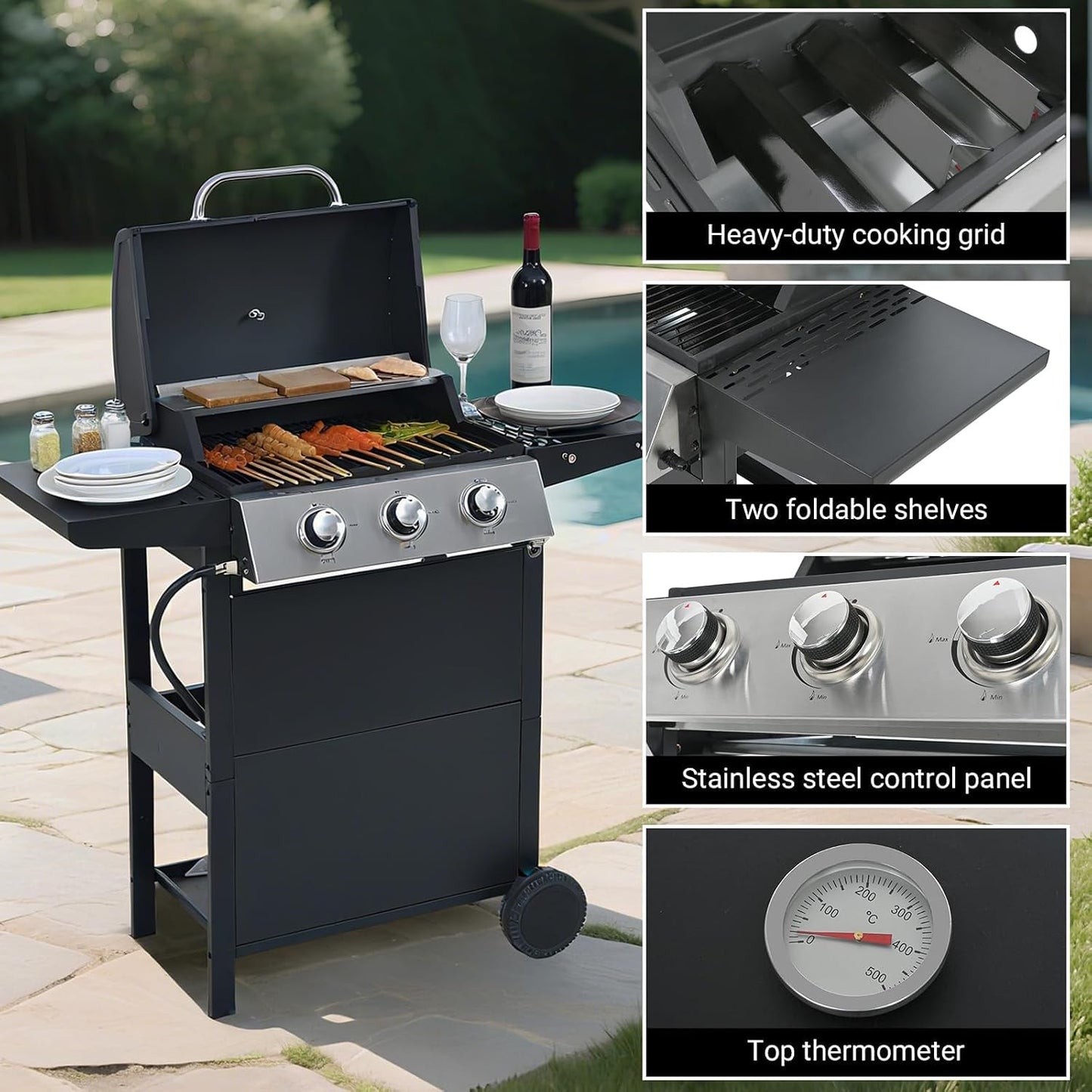 Endark 3-Burner Propane Gas Grill | 26,000 BTU Stainless Steel with Enamel Wire Cooking Grates & Built-In Thermometer | Side Rack Wheels | Great for Patio, Garden, and Outdoor Cooking