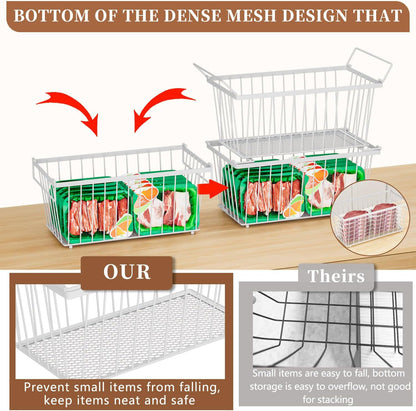 Freezer Organizer Bins, Upgrade Quick Expand/Collapse Feature, for 3.5 Cu.Ft Deep Freezer, 3 Pack Stackable Deep Freezer Organizer Bins, Black Wire Foldable Baskets with Handles (Black 3 Pack)