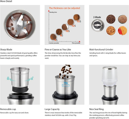 DR MILLS DM-7412M Stainless Steel Electric Dried Spice and Coffee Grinder,2 in 1 Wet and Dry, Detachable Cups, Dishwasher Safe