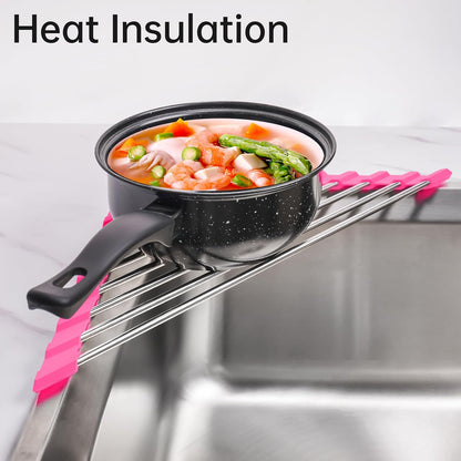 Tomorotec Foldable Stainless Steel Triangle Roll-Up Dish Drying Rack for Small Sink Corners - Over-The-Sink Multipurpose Kitchen Drainer, Rustproof Organizer, Trivet and Shelf - Space-Saving (Black)