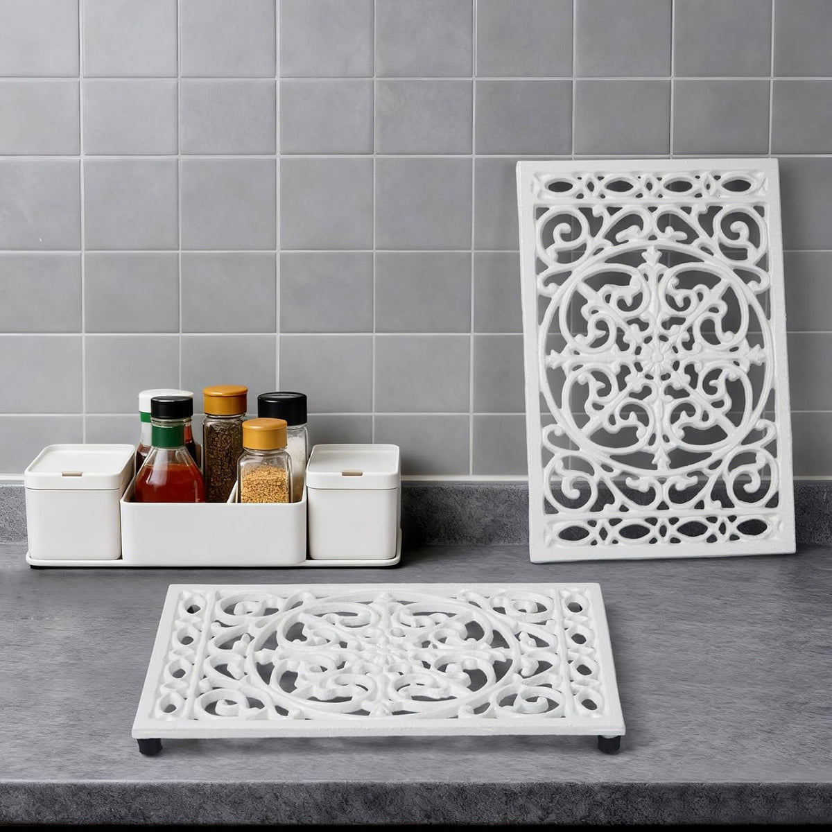 Notakia 9.6 x 6.3 Inch Cast Iron Trivet Set, Large Metal Trivets for Hot Dishes Pots Pans Decorative Kitchen Trivets, Heat-Resistant Trivet Mats for Quartz Countertops, Green Kitchen Accessories