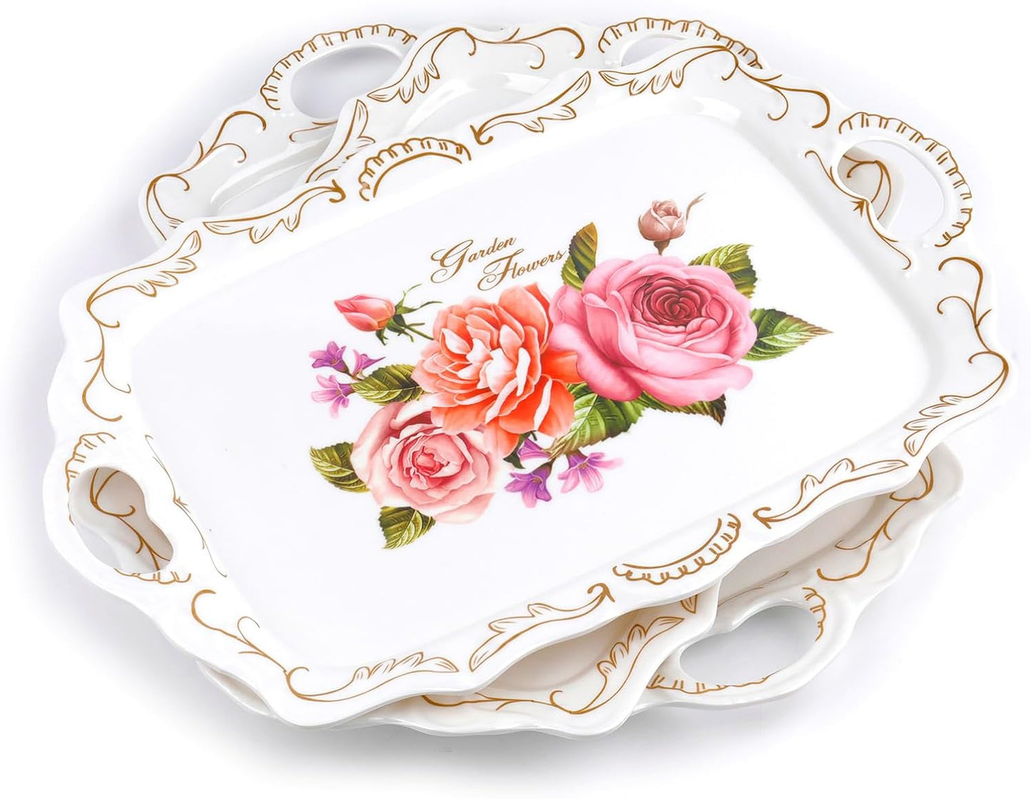 Nicunom 3 Pack Melamine Serving Tray with Handles, Floral Serving Trays Stackable Food Tray for Eating Unbreakable Large Serving Platter for Party, Decor, Home, Restaurant, Gift,16" L x 11" W