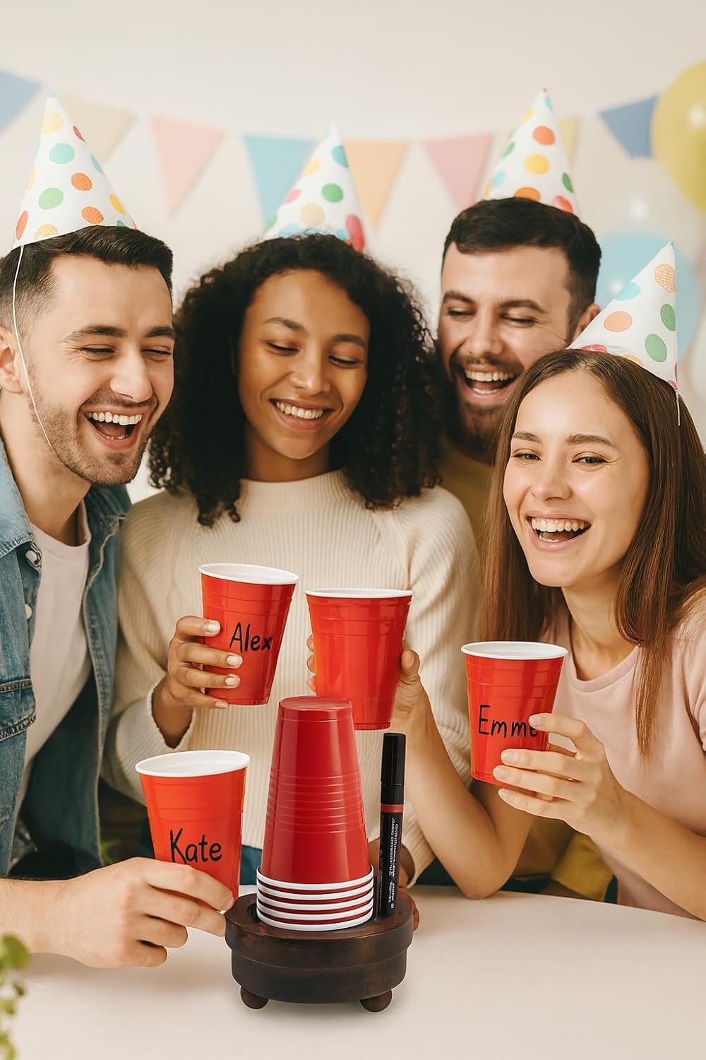 Wooden Party Cup Holder with Marker Slot, Disposable Solo Cup Holder Dispenser for Kitchen Bathroom- Paper Cup Drink up Organiser Rustic Finish 6" x 6" x 3" Inches Gifts Ideas