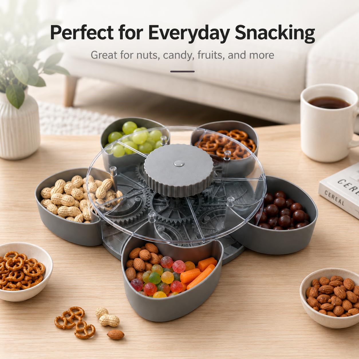 Divided Serving Tray that Spins, Spinning Lazy Susan Organizer, Grey, Flower Design