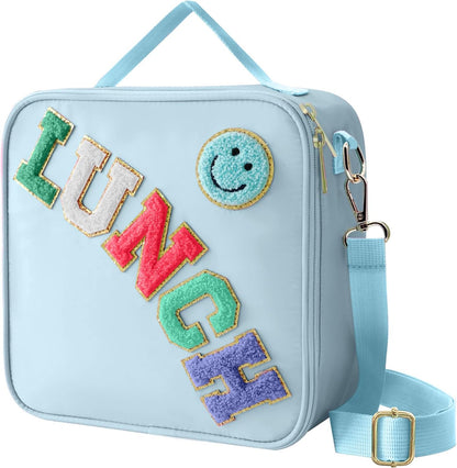 Insulated Lunch Bag With Adjustable Shoulder Strap, Nylon Preppy Lunch Box Large Insulated Lunch Bag Reusable Lunch Tote Bag with Smiley Preppy LunchBag for Girls School Travel Picnic (Green)