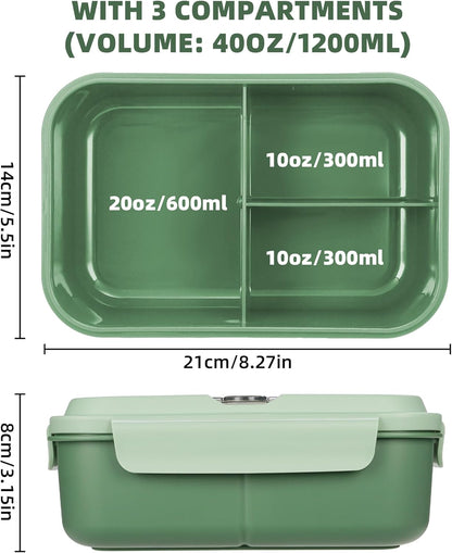 Fanhaw 40 Oz/5 Cup Bento Box for Kids, Men and Women, Lunch Box with 3 Compartments, Utensil, Microwave & Dishwasher Safe (Green)