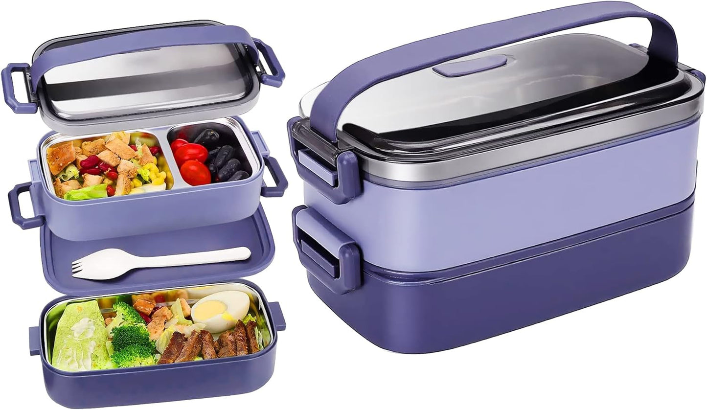 Stainless Steel Bento Box for Adults&Kids,Japanese Leakproof Lunch Box Divided Food Meal Storage Containers Set Stackable 2 Layer for Children School Picnic Beige