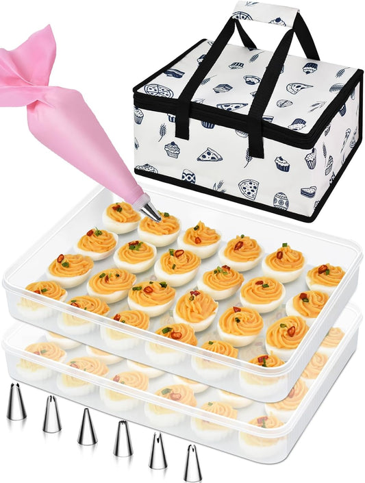 Artcome 2 PC Deviled Egg Storage Containers with Lids, Travel Carrying Bag & Pastry Decorating Kit - Stackable Egg Holder, Portable Platter for Parties, Easter, Picnics and Travel - PP Material