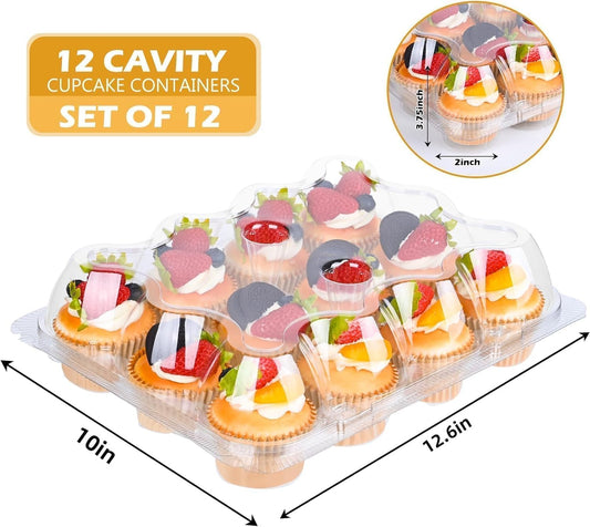 Plastic Cupcake Containers 12 Count (12 Sets), Stackable Cupcake Boxes Holders with Tall Dome Lid, Disposable Cupcake Carrier Trays Include 150 Cupcake Liners